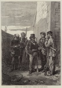 Verdediging van Parijs, vrijwilligers bewaken een poort van de versterkte omheining (gravure) door French School