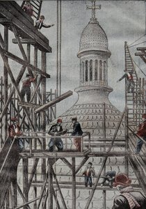 Demonstratie van steigers die het einde van de bouw van de koepel van de Basiliek van Montmartre onthullen. Gravure in 