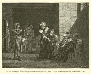 Vertrek van de koningin naar de Conciergerie, op 2 augustus 1793; naar een gravure van Bouillon, 1795
