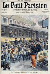 Vertrokken op het station voor een schoolreisje. De kinderen stappen in de trein, in Le petit Parisien door French School