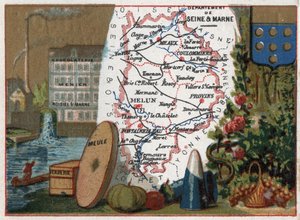 Departement van Seine en Marne (Seine-Et-Marne, 77), Île de France (Île-De-France), Frankrijk. Lokale specialiteit: chocoladefabriek Menier chocolaterie in Noisiel sur Marne (Noisiel-sur-Marne), glaswerk, molensteen. Serie over de Franse departementen. C door French School