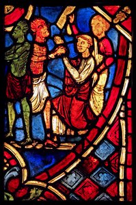 Theophilus sluit een deal met een duivel; uit de kerk van Varennes-Jarcy (oorspronkelijk uit de Abdij van Gercy?) door French School