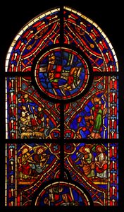 Een deel van een raam uit de kerk van Varennes-Jarcy (oorspronkelijk uit de Abdij van Gercy?); scènes omvatten de Annunciatie aan de Herders, de Synagoge en muzikale engelen door French School