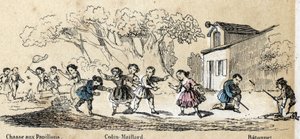 Beschrijving van kinderactiviteiten en spelletjes: buitenspellen, vlinders vangen, kickel en stok. Plaat 