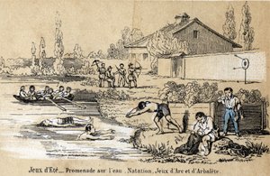 Beschrijving van kinderactiviteiten en spelletjes: buitenspellen in de zomer en waterspellen, zwemmen, pootjebaden, boogschieten en kruisboog. Plaat 