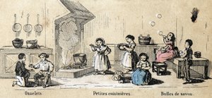 Beschrijving van kinderplezier en spel: binnenspellen, osselets, kleine meisjes die koks spelen en zeepbellen. Plaat 