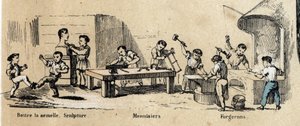 Beschrijving van kinderactiviteiten en spel: leren van volwassen beroepen (beeldhouwer, smid en timmerman) door kleine jongens. Plaat 