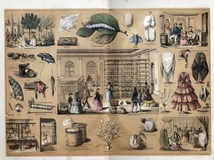 Beschrijving van cultuur en zijden producten: in het midden de magneet en sericicultuur. Weergave van de productie van zijde vanaf het planten van de muren, het kweken van zijderupsen, het werk van het spinnen en de zijden winkels. Plaat 
