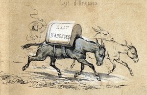Beschrijving van de verschillende producten en toepassingen van de ezel: ezels die ladingen dragen van ezelinnenmelk. (detail) in "Les Recreations instructives" Synoptisch schilderij door Jules Delbruck, gravure uit 1860. Privécollectie.