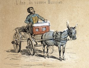 Beschrijving van de verschillende producten en toepassingen van de ezel: het dier begeleidt de reizende muzikant. Detail van de plaat 