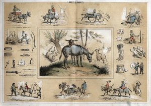 Beschrijving van de verschillende producten en toepassingen van de ezel: het dier helpt de molenaar, de reizende muzikant, de ploeger, de circusartiesten. Aan de andere kant wordt ezelinnenmelk gebruikt als schoonheidsproduct, en zijn huid wordt gebruikt v door French School