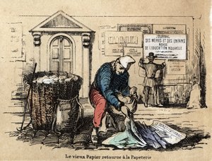 Beschrijving van de verschillende producten en toepassingen van papier: oud papier wordt opgehaald om weer lompen te worden. Plaat 