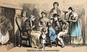 Beschrijving van de vijf zintuigen: detail van het gehoor, de verhalen tijdens de nacht in de huisjes, een oude man gebruikt een akoestische kegel. Plaat "Les cinq sens" in "les Recreations instructives" Synoptisch schilderij door Jules Delbruck, gravure u