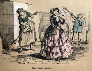 Beschrijving van de vijf zintuigen: geur, een burgerlijke vrouw die haar neusgaten dichtknijpt om de slechte geuren van mest en mest niet te ruiken. Plaat "Les cinq sens" in "les Recreations instructives" Synoptisch schilderij door Jules Delbruck, gravure 