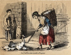 Beschrijving van de verschillende producten en toepassingen van papier: de verzameling van oude lompen waaruit het papier wordt gemaakt. Plaat 