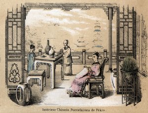Beschrijving van de verschillende stadia van productie en toepassingen van klei: een Chinees interieur met Pekin porselein. Plaat 