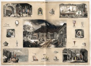 Beschrijving van de verschillende stadia van vervaardiging en toepassingen van glas: interieur van een glasfabriek, vervaardiging van flessen in een glasblazerij, vergulden, polijsten en stempelen van ijs, en verschillende objecten (microscoop, spiegel, br
