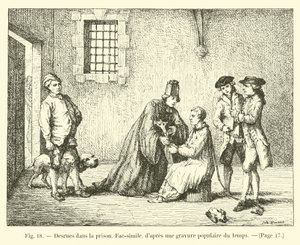 Desrues in de gevangenis, facsimile, naar een populaire gravure uit die tijd