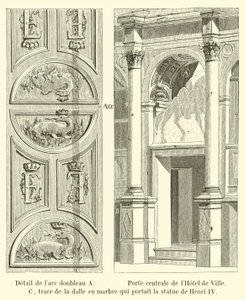 Detail van de dubbele boog A, centrale poort van het Stadhuis, C, spoor van de marmeren plaat die het standbeeld van Hendrik IV droeg door French School