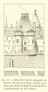 Detail van de hoofdingang van het Louvre, aan de kant van de Seine, naar het schilderij afkomstig van Saint-Germain des Prés, begin 16e eeuw door French School