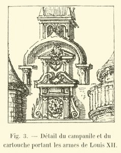 Detail van de klokkentoren en het cartouche met de wapens van Lodewijk XII