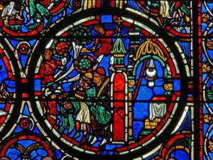 Raam met de Passie: Christus begroet bij zijn intocht in Jeruzalem (detail) door French School