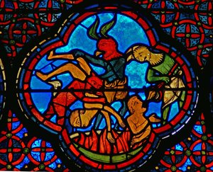 Detail (de rijke man in de hel) uit een raam van de gelijkenis van Lazarus en de Rijke Man