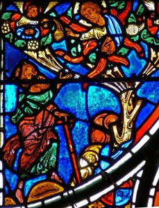 Detail (God verschijnt aan Mozes in een brandende struik) uit een raam van de gelijkenis van de Barmhartige Samaritaan door French School