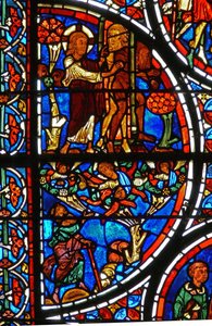 Detail (God verdrijft Adam en Eva uit de Hof van Eden) uit een raam van de gelijkenis van de Barmhartige Samaritaan door French School