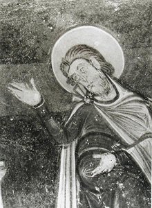 (detail) van St. Savin, van een fresco die St. Savin en St. Cyprien toont die van de beesten worden bevrijd, c.1100 (fresco) door French School