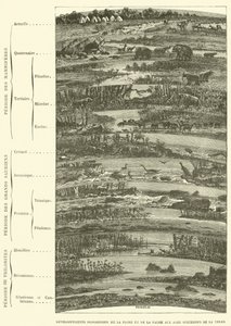 Progressieve ontwikkelingen van flora en fauna in opeenvolgende tijdperken van de aarde (gravure) door French School