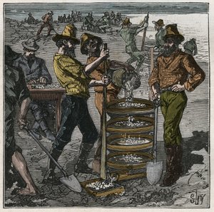 Diamant wassen in Zuid-Afrika in de 19e eeuw. Gravure uit 1885 in 