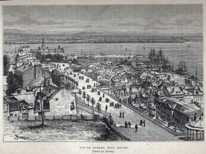 Ontdek Canada: uitzicht op Quebec City aan het einde van de 19e eeuw. Barclay tekening. Gravure uit het einde van de 19e eeuw in 