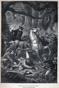 Ontdekt Canada: Slag bij Monongahela in 1755 tijdens de Zevenjarige Oorlog. Tekening door Philippoteaux. Gravure uit het einde van de 19e eeuw in 