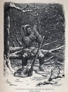 Ontdek Canada: Canadese leger vrijwilliger sneeuwschoenen. Tekening door Dupuy. Gravure uit het einde van de 19e eeuw in La nouvelle France door Eugene Guenin door French School