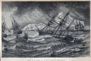 Ontdekking van Canada: Kabeljauwvisserij op de Grand Bank van Newfoundland. Gravure uit het einde van de 19e eeuw in 