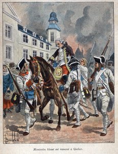 Ontdek Canada: Louis Joseph de Montcalm (1712-1759) Franse generaal gewond tijdens het beleg van de stad Quebec door de Engelsen en teruggebracht naar Quebec in 1759. Gravure uit het einde van de 19e eeuw in La nouvelle France door Eugene Guenin door French School