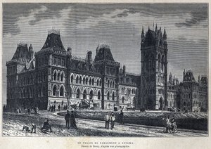 Ontdek Canada: Het parlementsgebouw in Ottawa. Tekening door Deroy van een foto. Gravure uit het einde van de 19e eeuw in La nouvelle France door Eugene Guenin door French School
