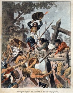 Ontdekking van Canada: verdediging van Adam Dollard des Ormeaux (1635-1660) en zijn metgezellen tegen de Indianen van Iroquois Amerika om hun kamp te beschermen in 1657. Gravure uit het einde van de 19e eeuw in "La nouvelle France" door Eugene Guenin. door French School