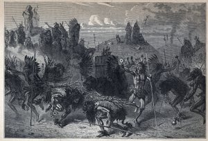 Ontdekt Canada: de dans van de bizons in de Mondanes. Gravure uit het einde van de 19e eeuw in 