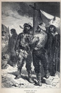 Ontdek Canada: coureur des bois (betrokken bij de bonthandel met de Amerindianen). Bayard tekening. Gravure uit het einde van de 19e eeuw in La nouvelle France door Eugene Guenin