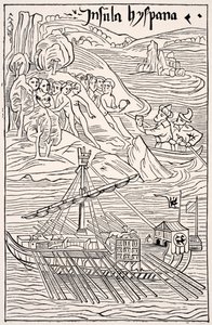 Ontdekking van Santo Domingo, Insula Hyspana, door Christoffel Columbus, Facsimile van een houtsnede van de Epistola Christoferi Colom, uit Wetenschap en Literatuur in de Middeleeuwen door Paul Lacroix, gepubliceerd in Londen 1878