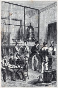 Distilleerderij in Parijs in de 19e eeuw - Gravure in 