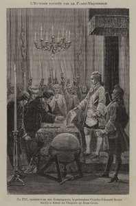 Verdraaiing van de geschiedenis door de vrijmetselaars: de vermeende oprichting van een kapittel van Rozenkruisers door de pretendent Charles Edward Stuart in Arras in 1747 (gravure) door French School