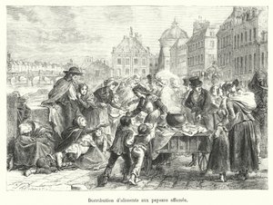 Voedseluitdeling aan uitgehongerde boeren door French School