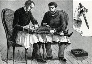Dokters onderzoeken de ogen van een kind en druppelen oogdruppels (gravure) 1888 door French School