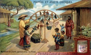 Poppen en exotisch speelgoed: Japanse speelgoedhandelaar in de Ainu-stam van Chishima. Chromolithografie van Liebig producten door French School