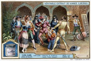 Don Juan: Act I, Scene XX, Don Juan op het gemaskerde bal - chromo Liebig door French School