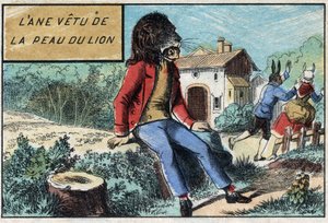Ezel die de huid van de leeuw draagt. Fabels van Jean de La Fontaine.
