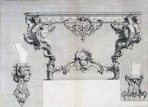 Dubbele vertakte kandelaar met rococo en klassieke elementen, uit een patroonboek van neoklassieke metaalwerkontwerpen samengesteld door Duhamel, ca. 1770s-80s